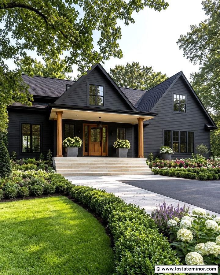 Soft Black House With Wide Porch Steps - 30 Soft Black House Design With Front Porch Ideas