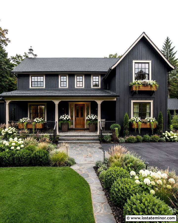 Soft Black House With Window Boxes And Porch Planters - 30 Soft Black House Design With Window Boxes Ideas