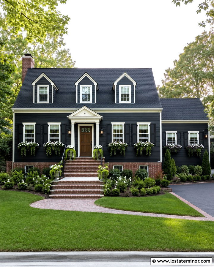 Soft Black House With Window Boxes And Red Brick - 30 Soft Black House Design With Window Boxes Ideas