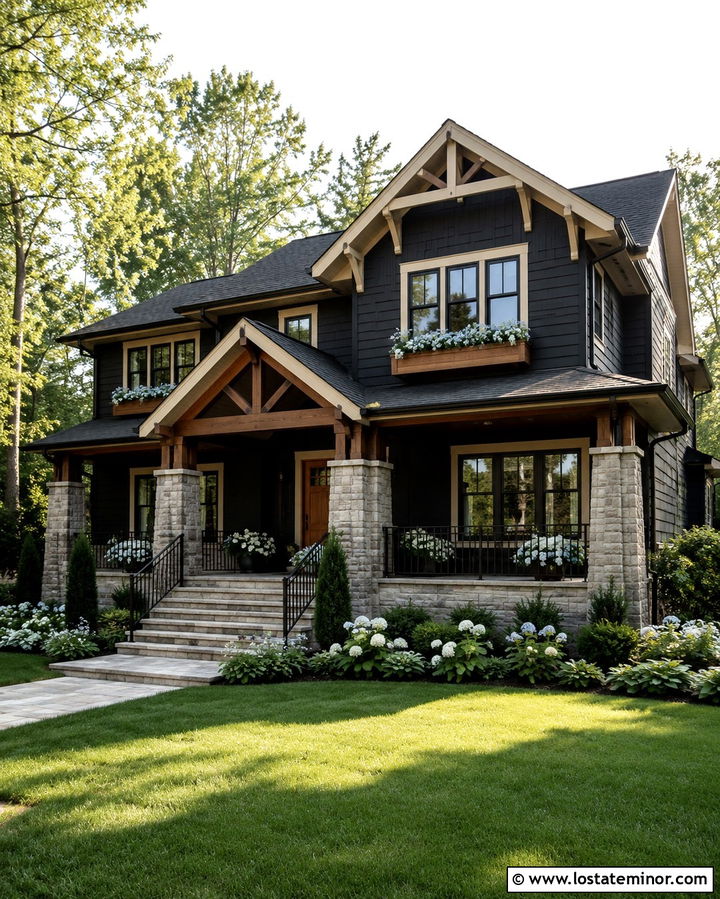 Soft Black House With Window Boxes And Stone Porch - 30 Soft Black House Design With Window Boxes Ideas