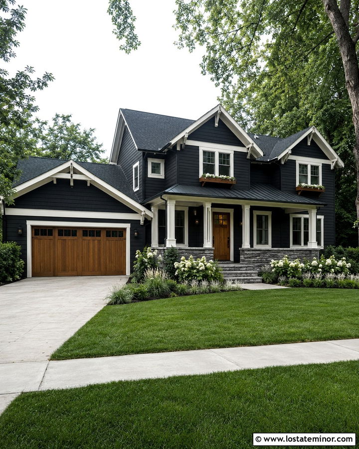 Soft Black House With Window Boxes And Wood Garage Door - 30 Soft Black House Design With Window Boxes Ideas