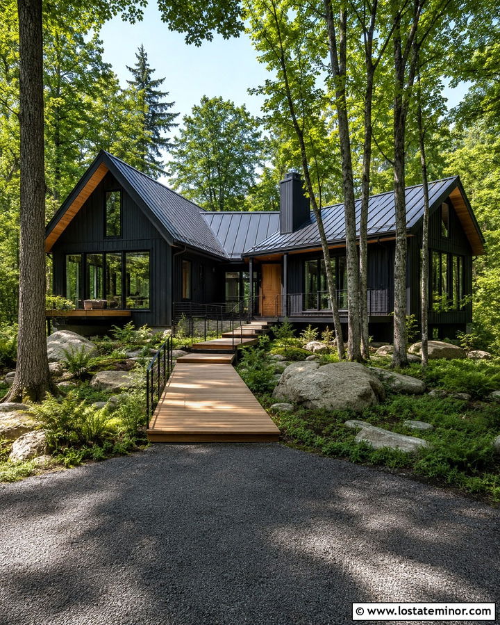 Soft Black House With Wood Boardwalk - 30 Soft Black House Design With Walkway Ideas