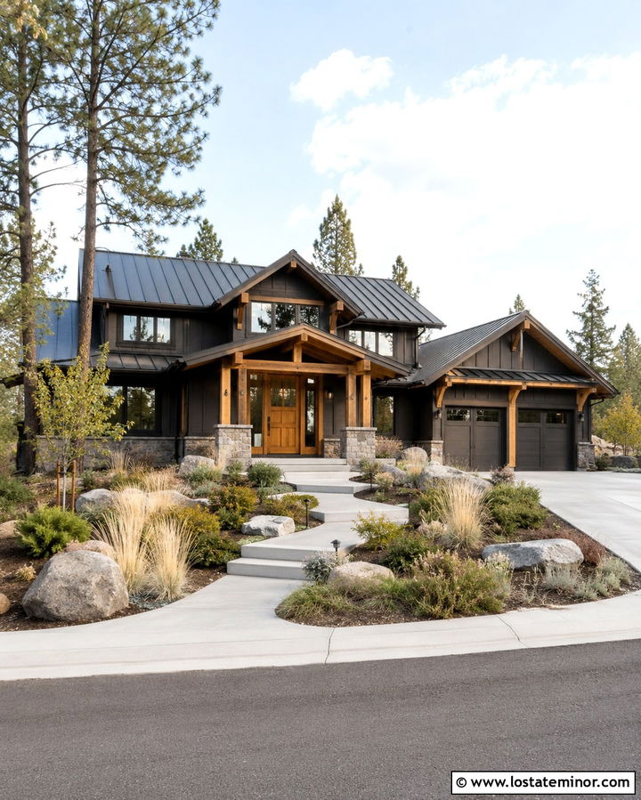 Soft Black House With Wood Columns And Metal Roof - 30 Soft Black House Design With Porch Columns Ideas