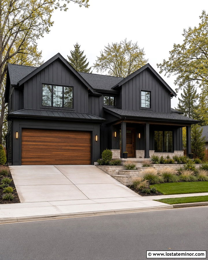 Soft Black House With Wood Garage Door And Driveway - 30 Soft Black House Design With Driveway Ideas
