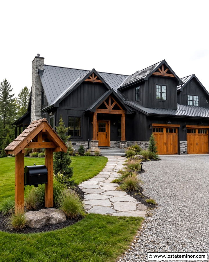 Soft Black House With Wood Mailbox Shelter - 30 Soft Black House Design With Mailbox Ideas