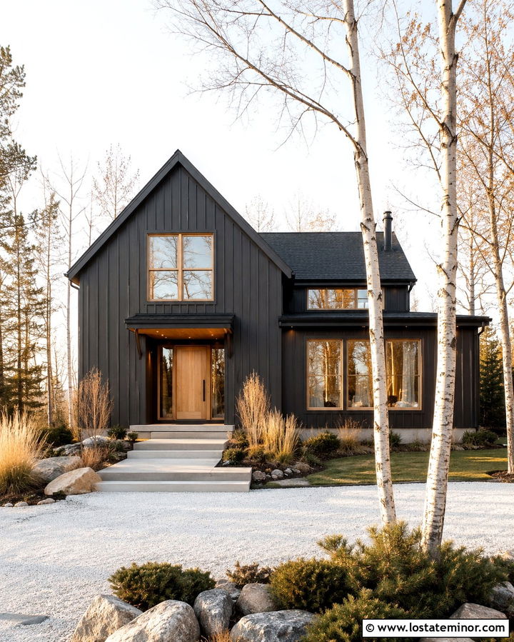 Soft Black House With Wood Window Trim - 30 Soft Black House Design With Trim Ideas