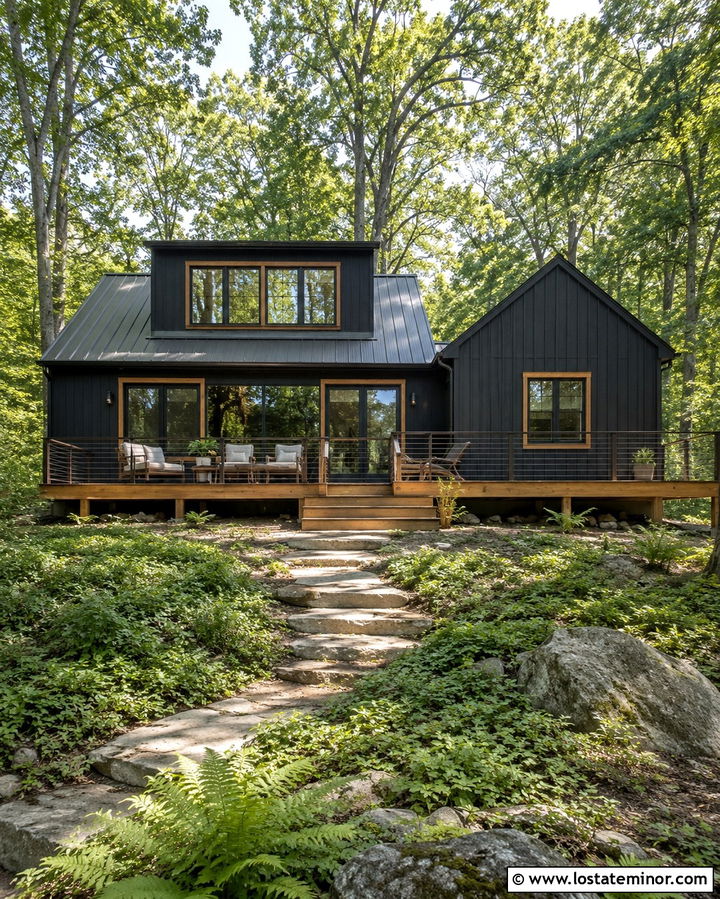 Soft Black House With Wooded Backyard - 30 Soft Black House Design With Backyard Ideas
