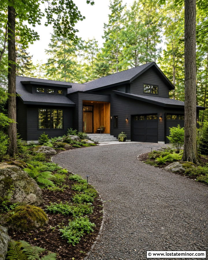 Soft Black House With Woodland Driveway Landscaping - 30 Soft Black House Design With Driveway Ideas