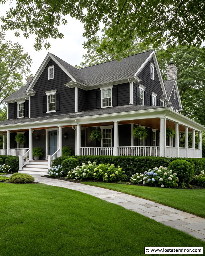Soft Black House With Wraparound Porch Columns - 30 Soft Black House Design With Porch Columns Ideas