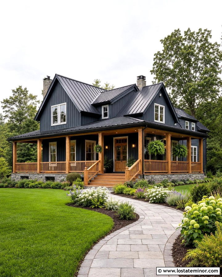 Soft Black House With Wraparound Porch Railings - 30 Soft Black House Design With Railings Ideas