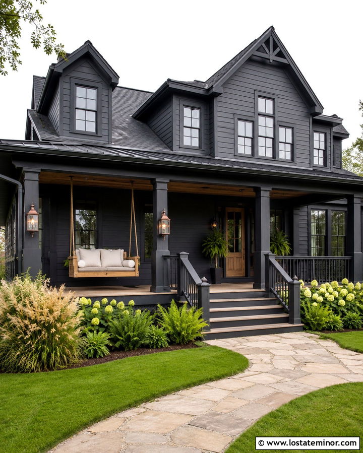 Soft Black House With Wraparound Porch Swing - 30 Soft Black House Design With Swing Ideas