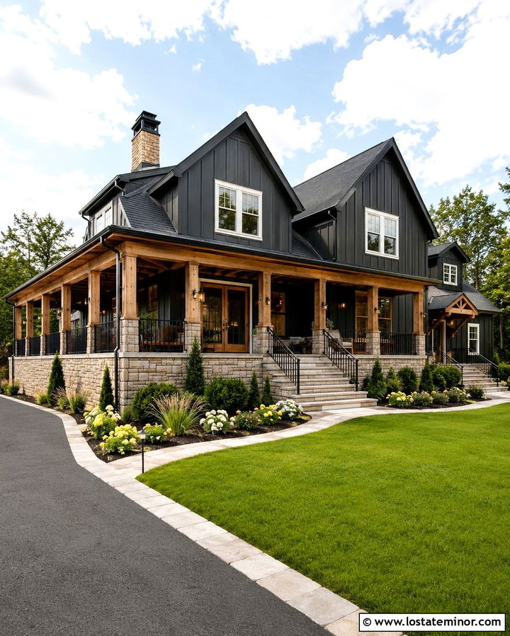 Soft Black House With Wraparound Stone Steps - 30 Soft Black House Design With Steps Ideas
