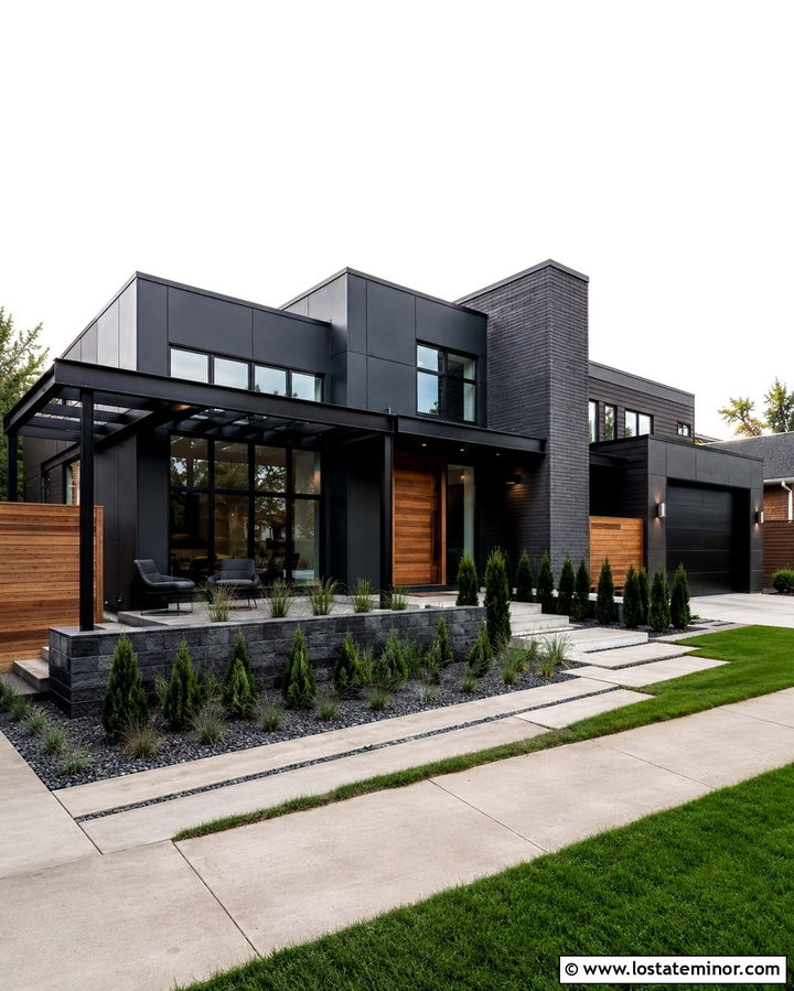 Soft Black Industrial House With Concrete Pergola Patio - 30 Soft Black House Design With Pergola Ideas