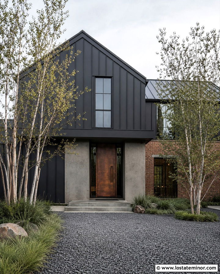 Soft Black Industrial House With Copper Front Door - 30 Soft Black House Design With Front Door Ideas