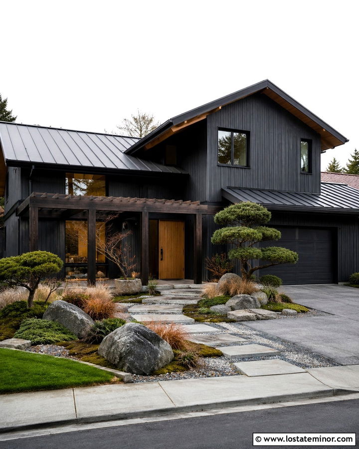 Soft Black Japanese Inspired House With Minimal Pergola - 30 Soft Black House Design With Pergola Ideas