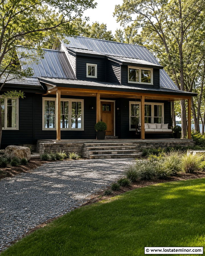 Soft Black Lake House With Bed Swing - 30 Soft Black House Design With Swing Ideas