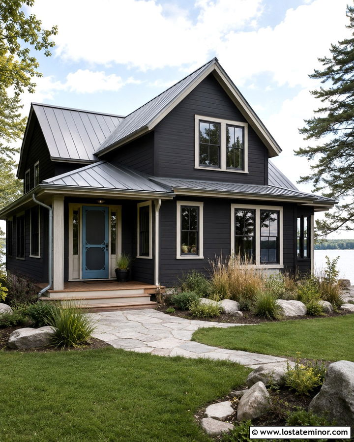 Soft Black Lake House With Blue Screen Door - 30 Soft Black House Design With Screen Door Ideas