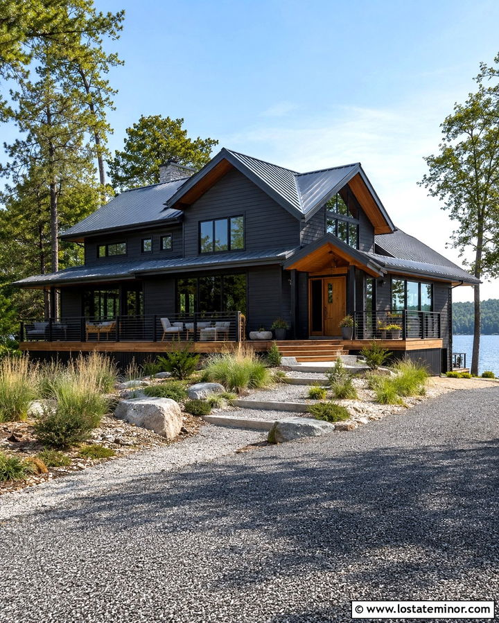 Soft Black Lake House With Cable Fence - 30 Soft Black House Design With Fence Ideas