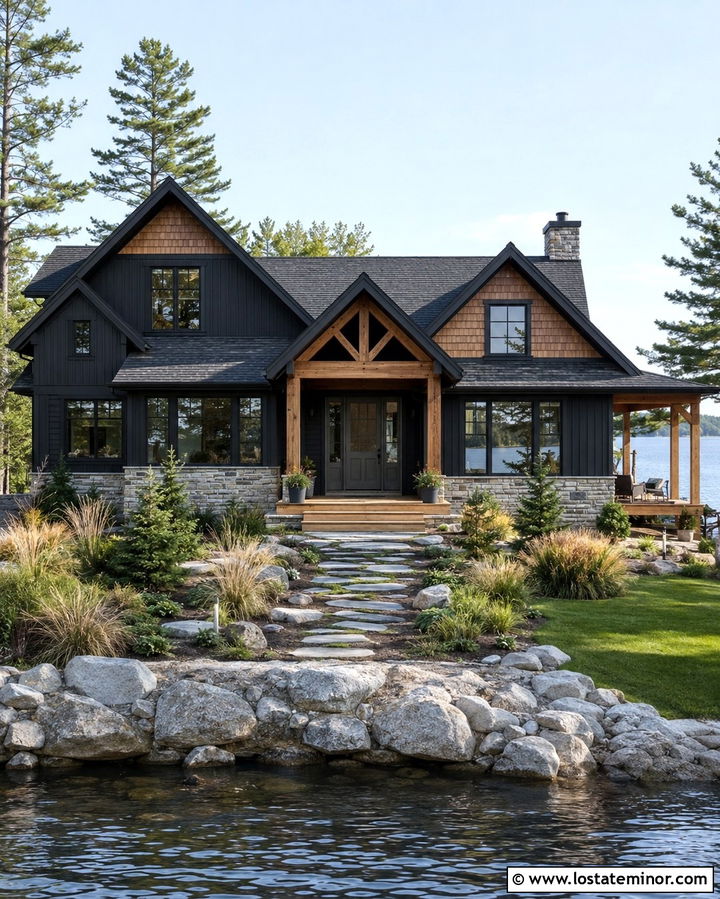 Soft Black Lake House With Cedar Shake - 30 Soft Black House Design With Cedar Shake Ideas