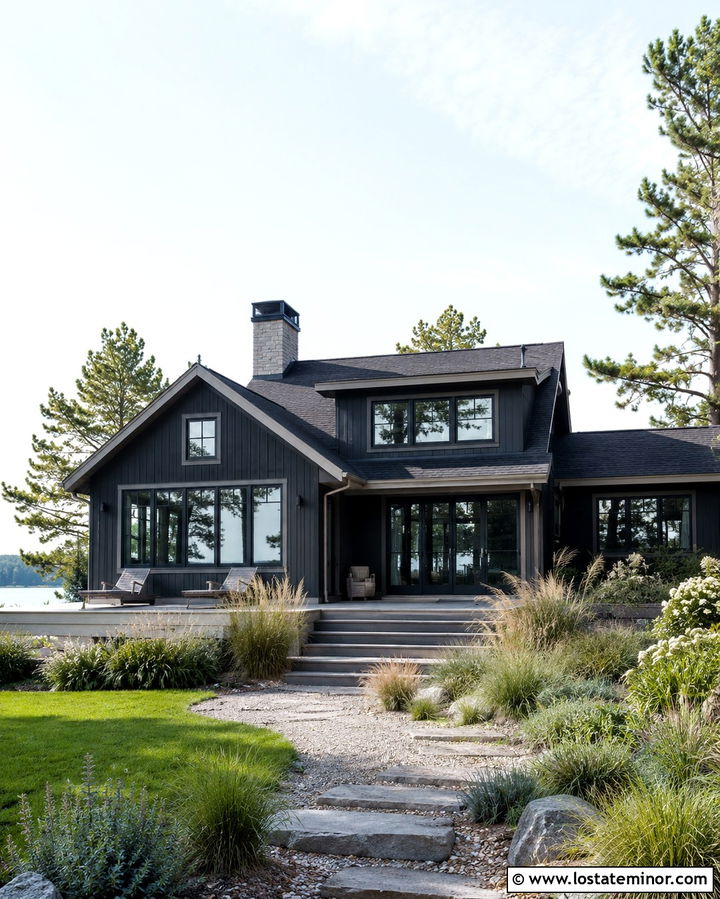Soft Black Lake House With Coastal Grasses - 30 Soft Black House Design With Landscaping Ideas