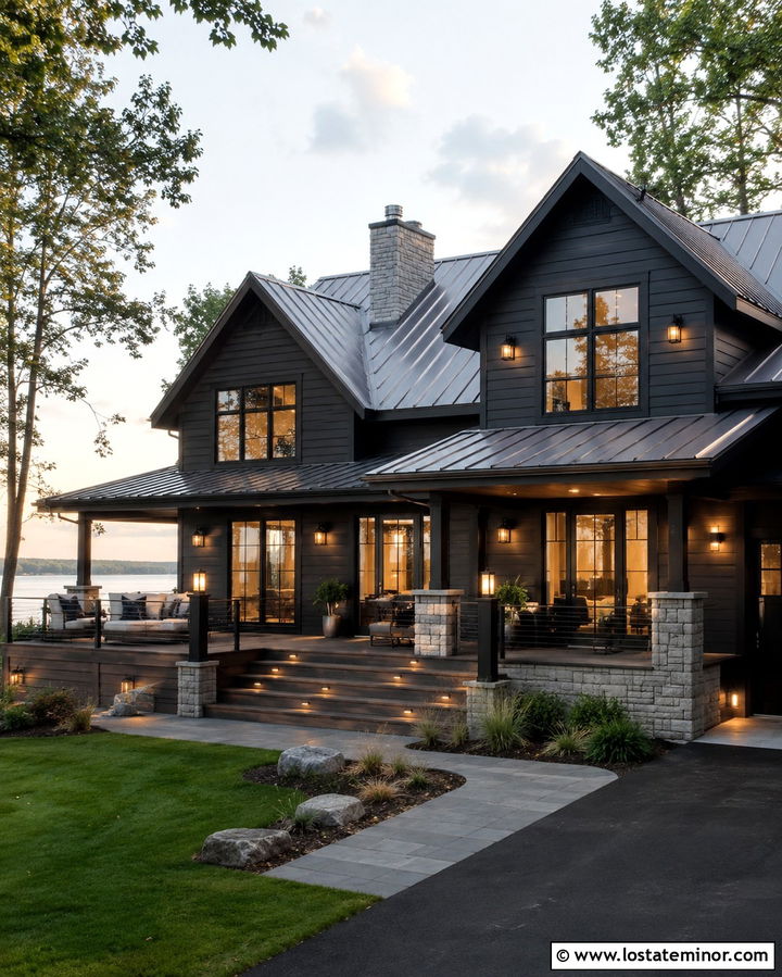 Soft Black Lake House With Deck Lighting - 30 Soft Black House Design With Lighting Ideas