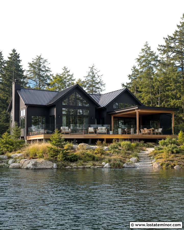 Soft Black Lake House With Glass Deck Railing - 30 Soft Black House Design With Deck Ideas