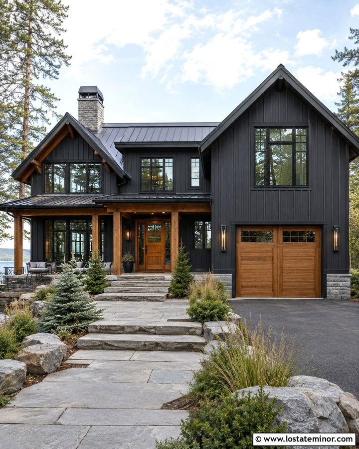 Soft Black Lake House With Oversized Sconces - 30 Soft Black House Design With Light Fixtures Ideas