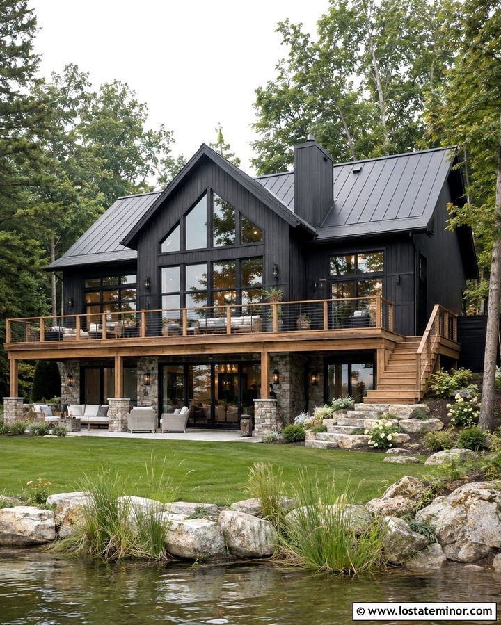 Soft Black Lake House With Raised Deck - 30 Soft Black House Design With Backyard Ideas