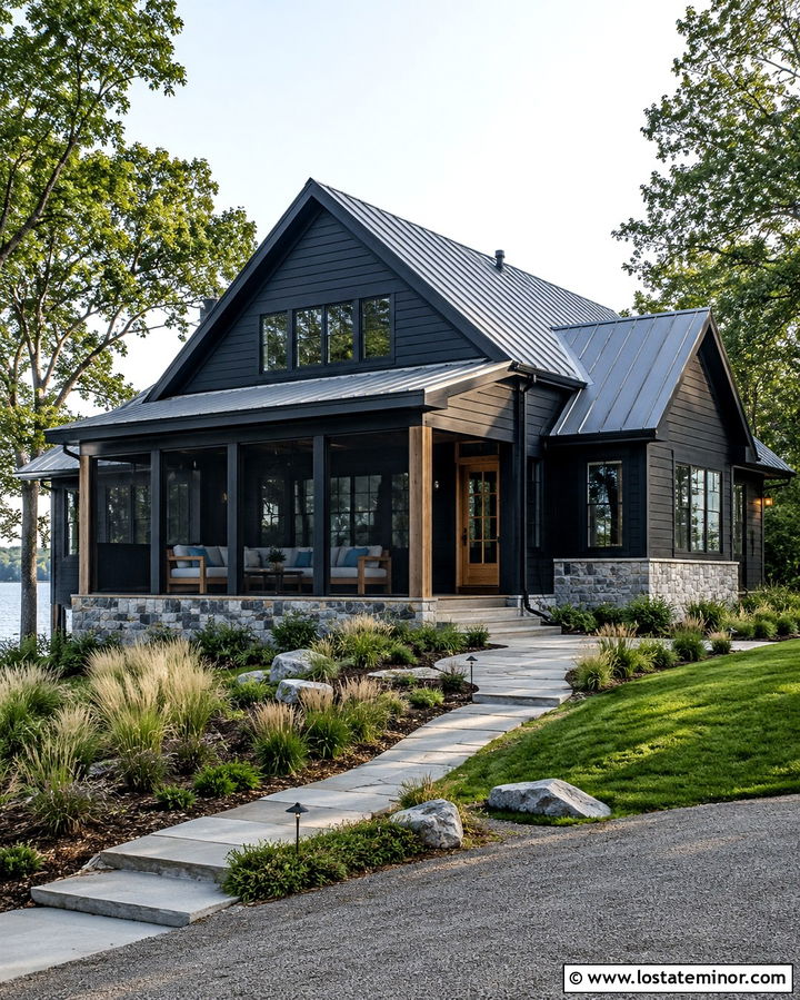 Soft Black Lake House With Screened Daybed - 30 Soft Black House Design With Daybed Ideas