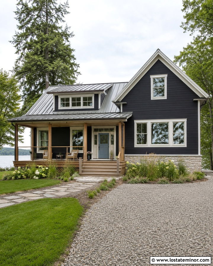 Soft Black Lake House With Sky Blue Dutch Door - 30 Soft Black House Design With Dutch Door Ideas