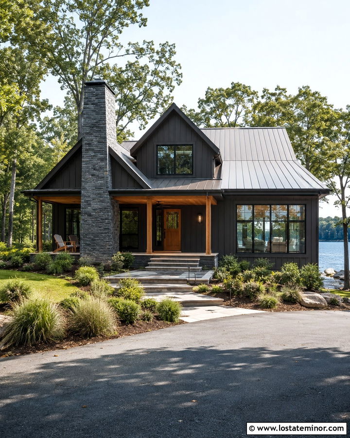 Soft Black Lake House With Slate Chimney - 30 Soft Black House Design With Chimney Ideas