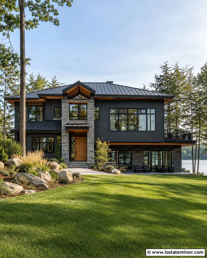 Soft Black Lake House With Thin Stone Veneer - 30 Soft Black House Design With Stone Accents Ideas