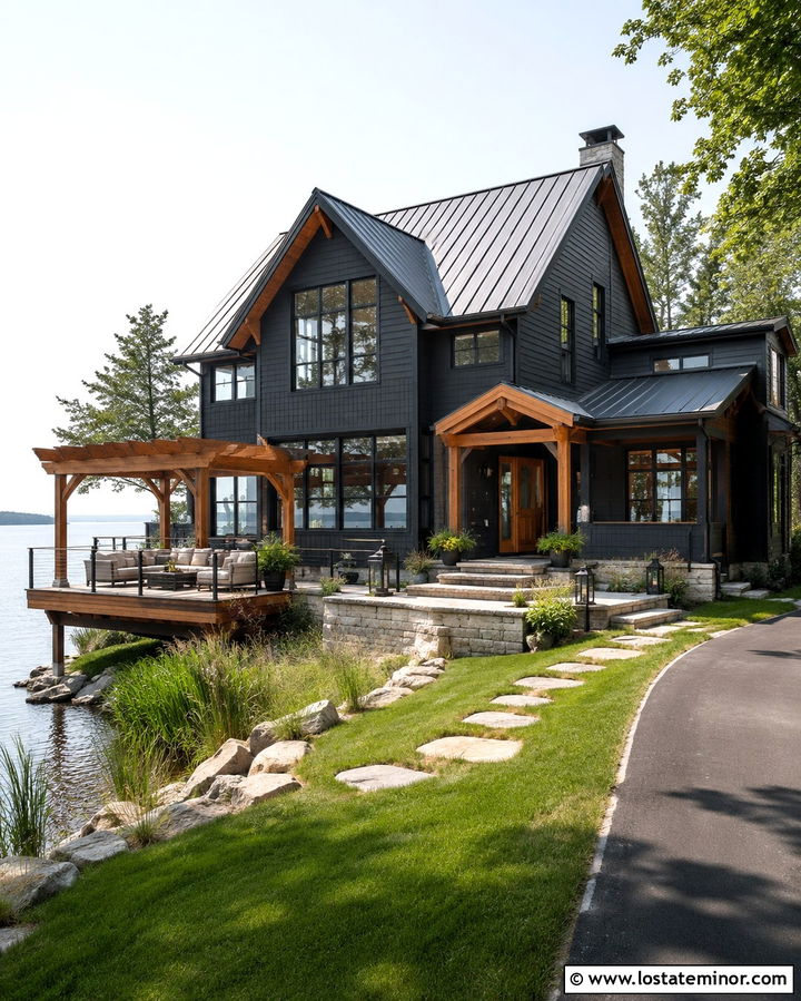 Soft Black Lake House With Waterside Pergola - 30 Soft Black House Design With Pergola Ideas