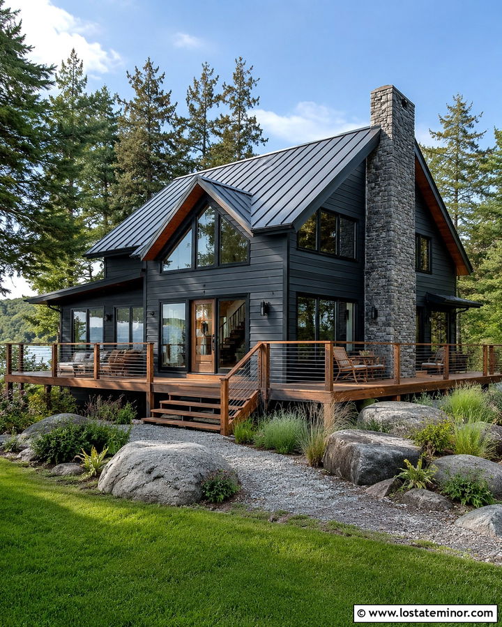 Soft Black Lake House With Wire Railings - 30 Soft Black House Design With Railings Ideas