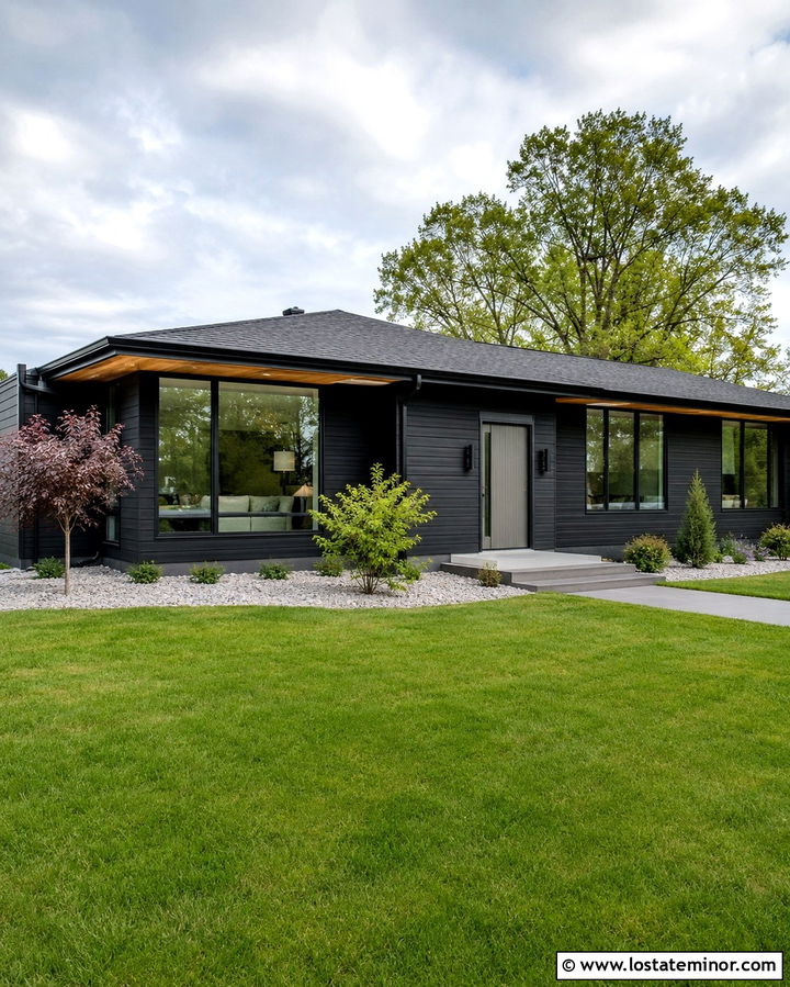 Soft Black Lap Siding With Picture Windows - 30 Soft Black House Design With Window Frames Ideas