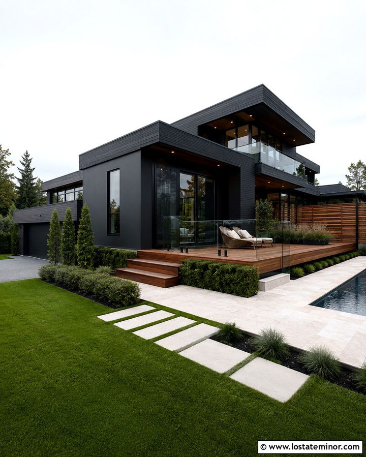 Soft Black Luxury House With Pool Deck - 30 Soft Black House Design With Deck Ideas