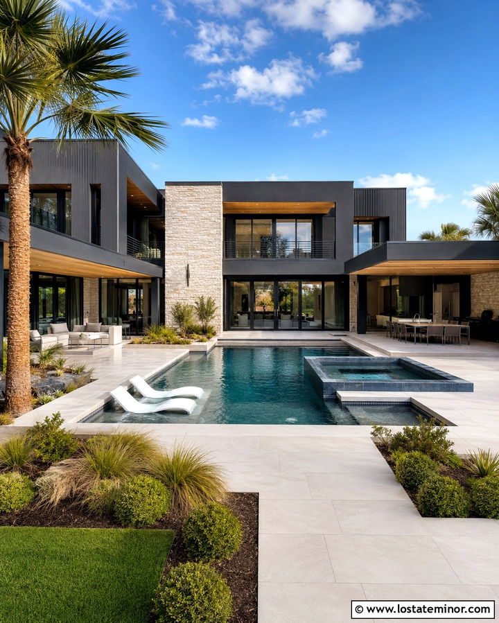 Soft Black Luxury House With Resort Pool - 30 Soft Black House Design With Swimming Pool Ideas