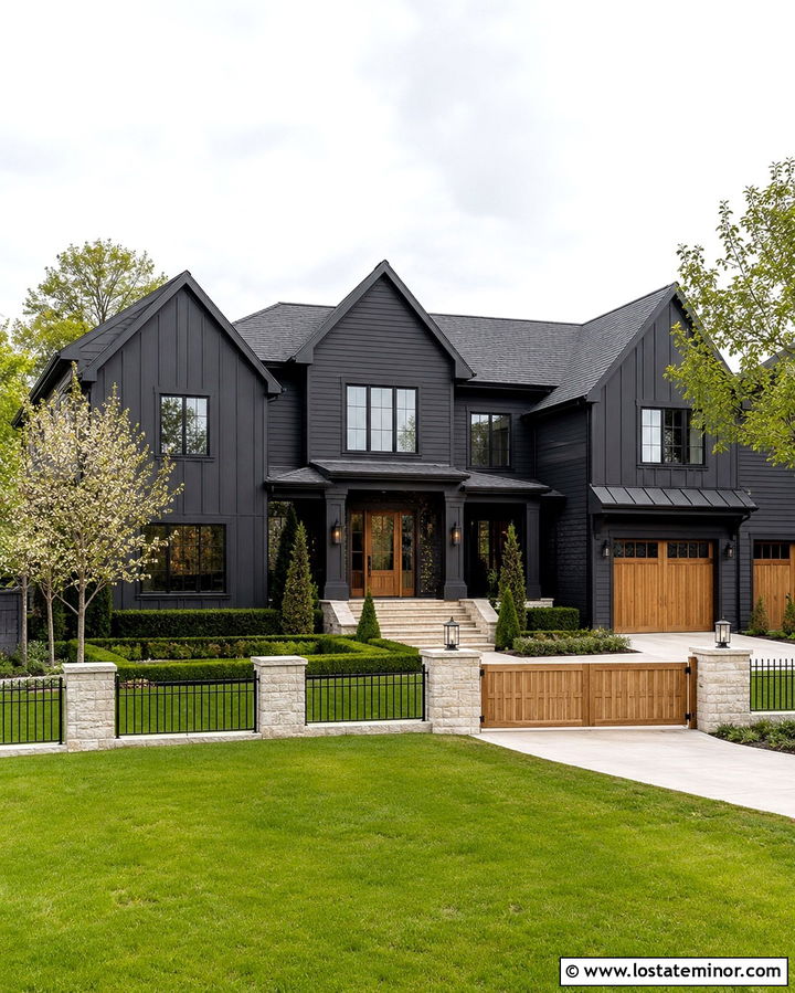 Soft Black Luxury House With Stone And Iron Fence - 30 Soft Black House Design With Fence Ideas