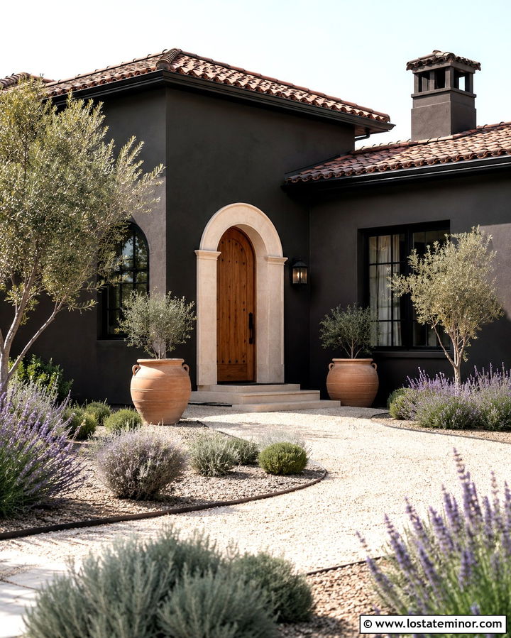 Soft Black Mediterranean House With Arched Cedar Door - 30 Soft Black House Design With Front Door Ideas