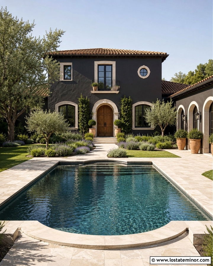 Soft Black Mediterranean House With Arched Pool - 30 Soft Black House Design With Swimming Pool Ideas