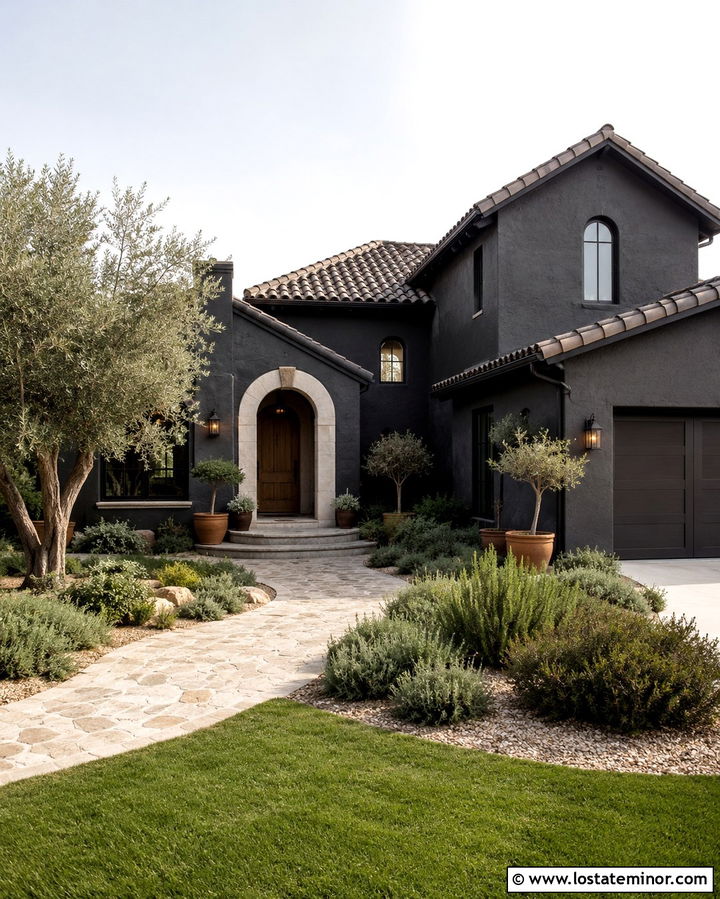 Soft Black Mediterranean House With Composite Shingles - 30 Soft Black House Design With Shingles Ideas
