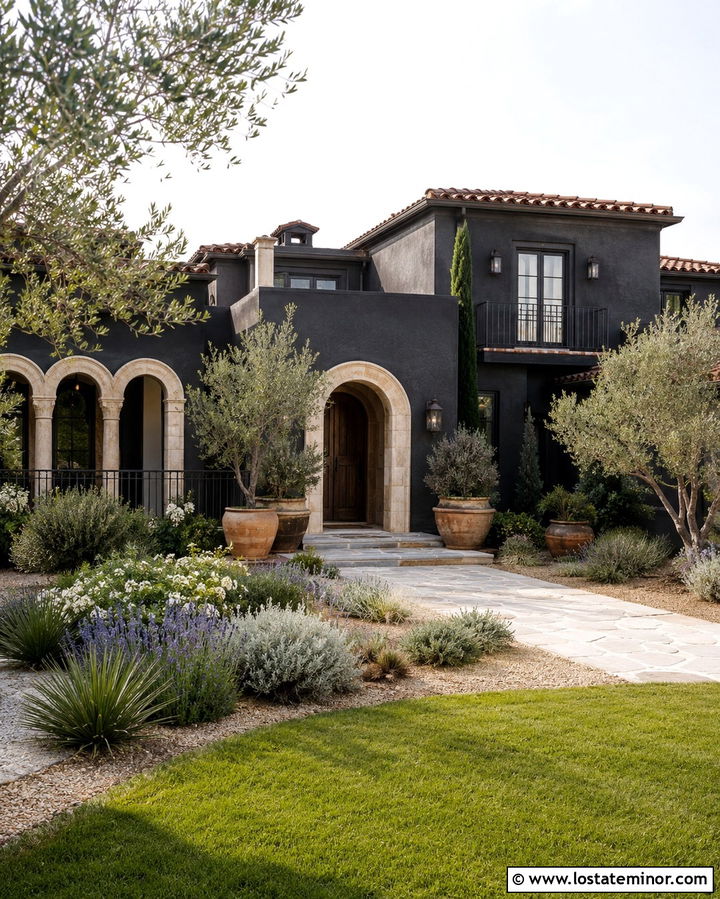 Soft Black Mediterranean House With Olive Trees - 30 Soft Black House Design With Landscaping Ideas