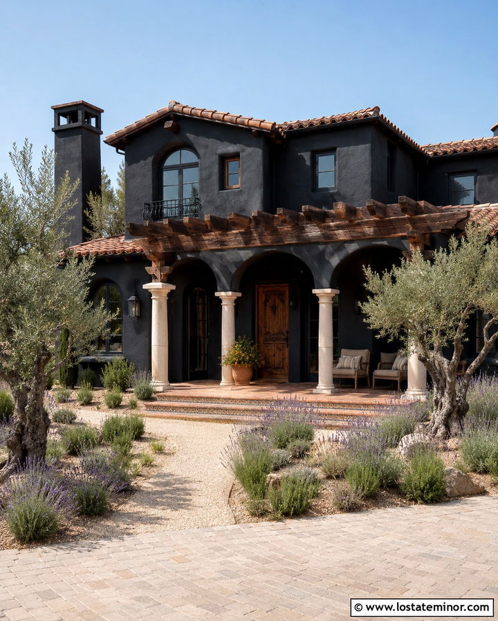 Soft Black Mediterranean House With Rustic Pergola - 30 Soft Black House Design With Pergola Ideas