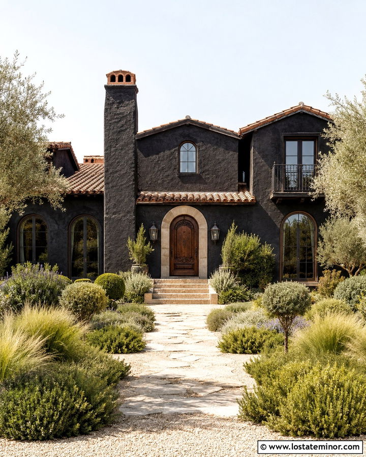 Soft Black Mediterranean House With Stucco Chimney - 30 Soft Black House Design With Chimney Ideas