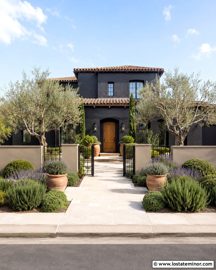 Soft Black Mediterranean House With Stucco Fence - 30 Soft Black House Design With Fence Ideas