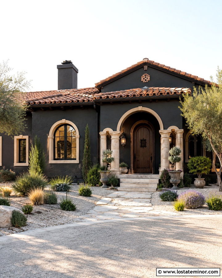Soft Black Mediterranean House With Stucco Porch - 30 Soft Black House Design With Front Porch Ideas
