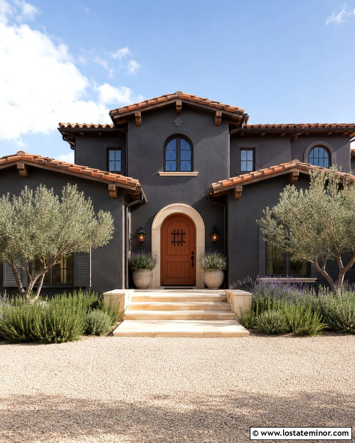 Soft Black Mediterranean House With Terracotta Entry Door - 30 Soft Black House Design With Entry Door Ideas