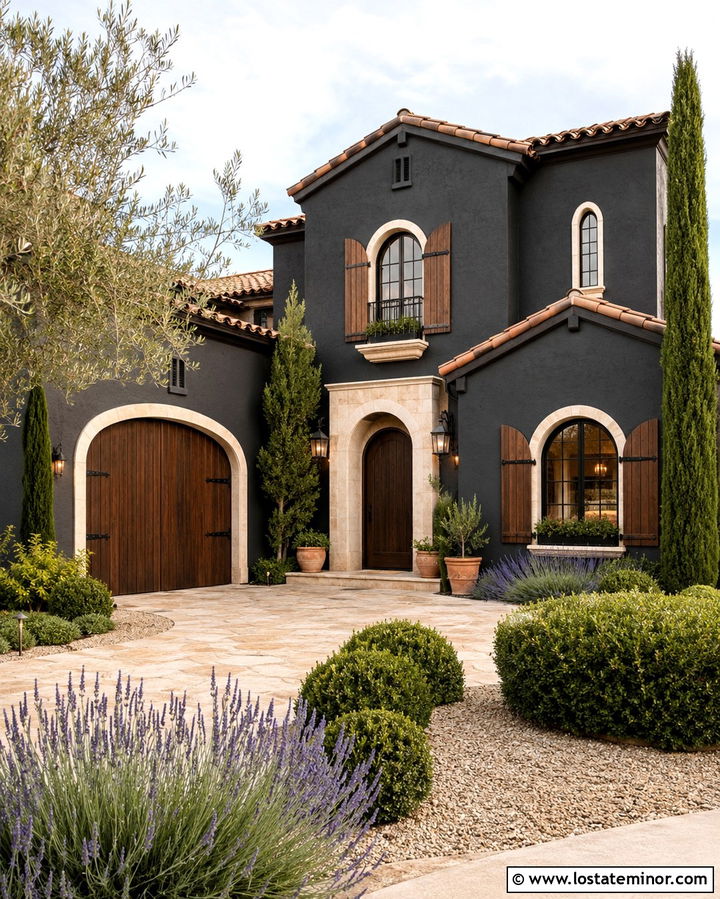 Soft Black Mediterranean House With Wood Shutters - 30 Soft Black House Design With Shutters Ideas