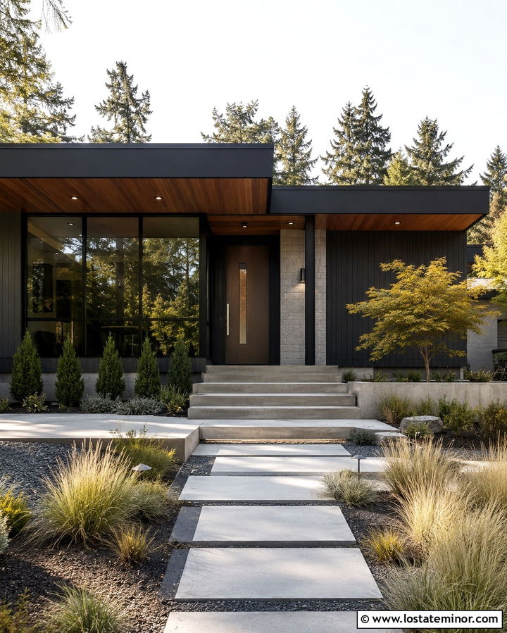 Soft Black Mid Century House With Bronze Pivot Door - 30 Soft Black House Design With Front Door Ideas