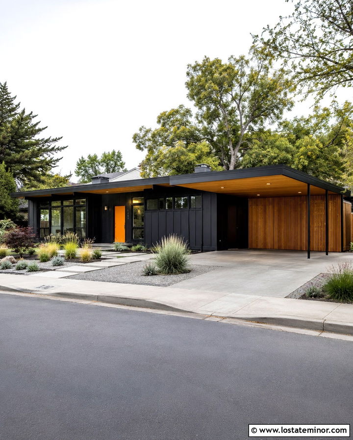 Soft Black Mid Century House With Butterfly Carport - 30 Soft Black House Design With Carport Ideas